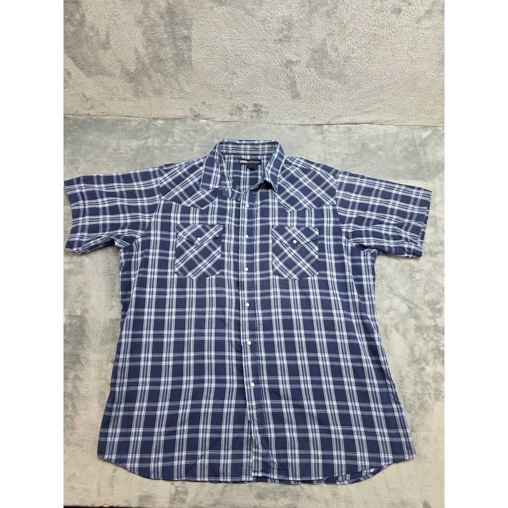 MWG‎ Apparel Mens XL Short Sleeve Western Pearl Snap Plaid Shirt Navy Blue White